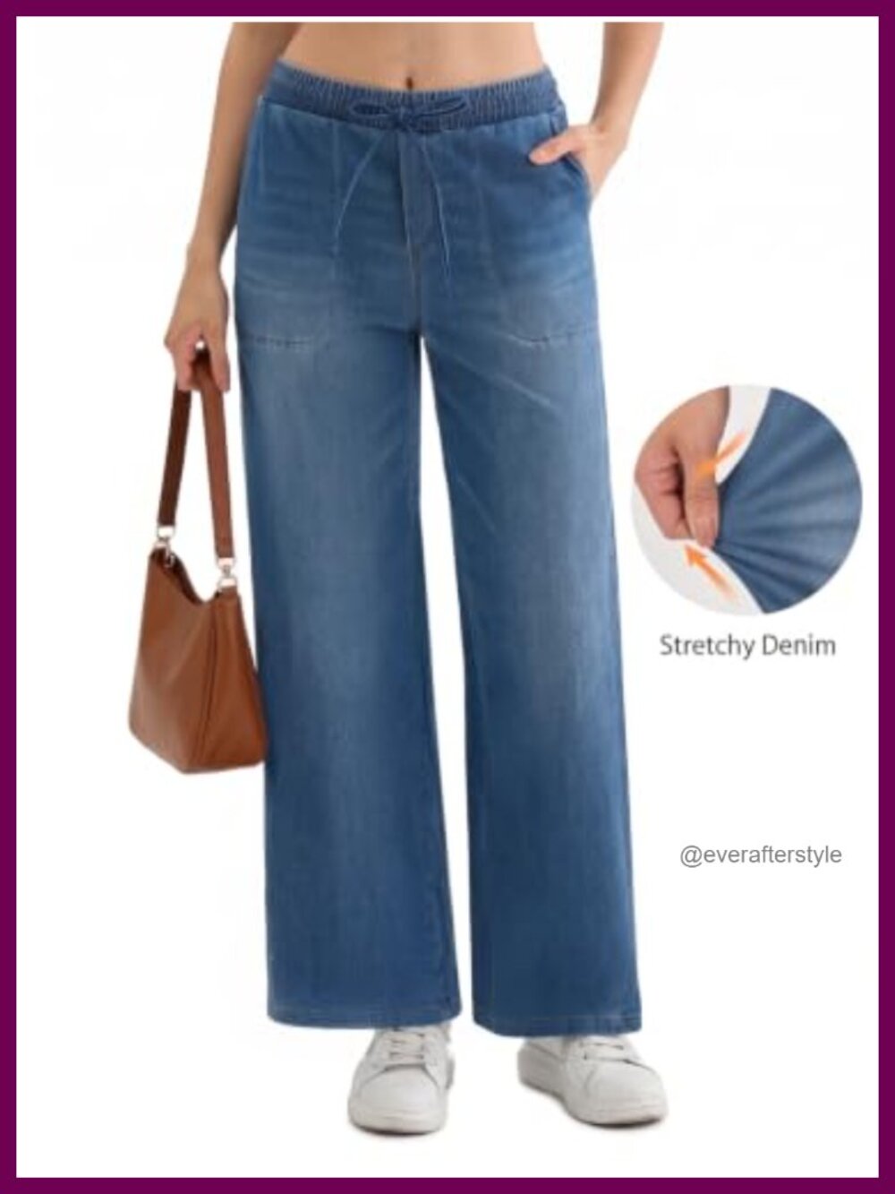 Wide Leg Baggy Jeans High Waisted Stretchy Denim 4 Pockets Drawstring - Picture 3 of 6